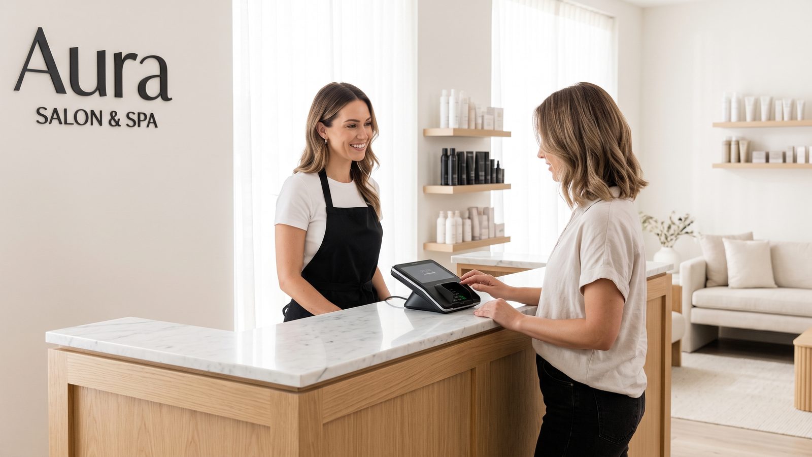 Salon front desk checking out a client on a Square POS after an appointment