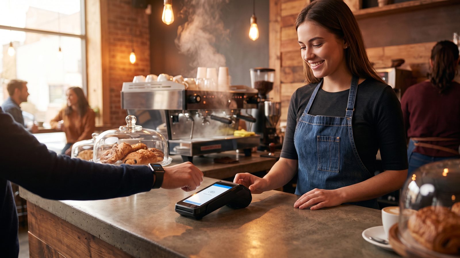 Barista taking a contactless Square payment at a cafe counter in the Atlanta area
