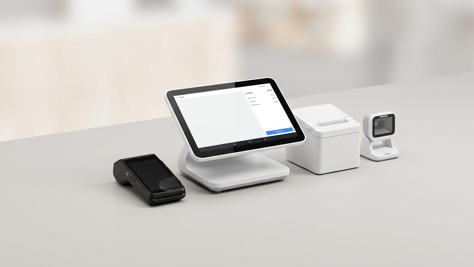 Square point-of-sale hardware: stand, terminal, card reader and barcode scanner