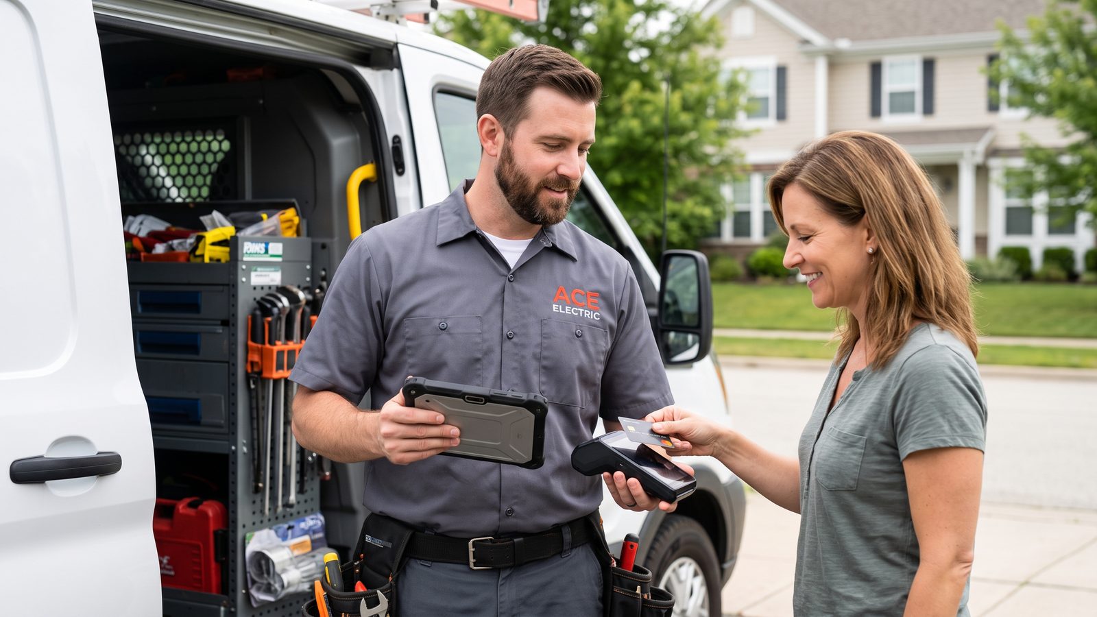 Home-services pro taking a tablet payment at a customer's home in metro Atlanta