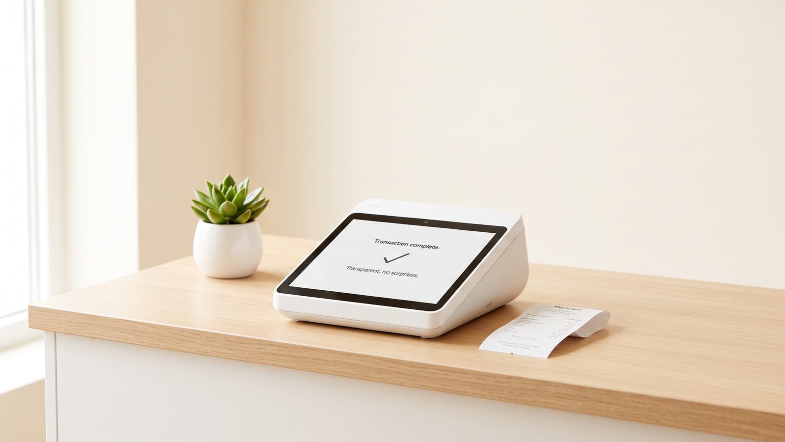 Square point-of-sale stand with a printed receipt on a counter