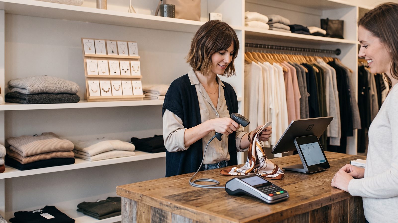 Boutique owner checking out a customer on a Square POS at the sales counter